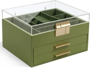 KAMIER Jewelry Box, 3-Layer Jewelry Organizer with Acrylic Lid, 2 Drawers, for Big and Small Jewelry, Jewelry Storage, Mother's Day, Gift for Women and Girls, Green