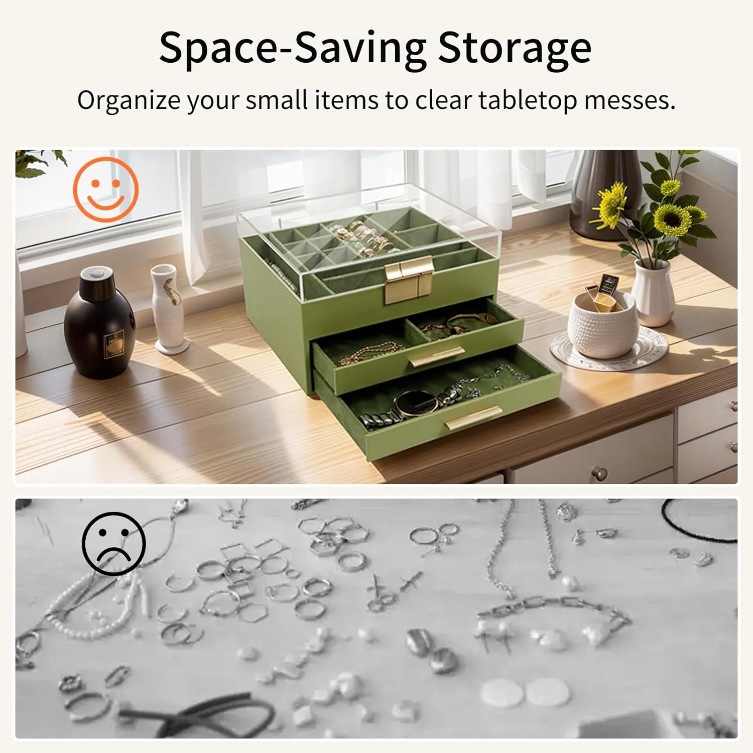 KAMIER Jewelry Box, 3-Layer Jewelry Organizer with Acrylic Lid, 2 Drawers, for Big and Small Jewelry, Jewelry Storage, Mother's Day, Gift for Women and Girls, Green