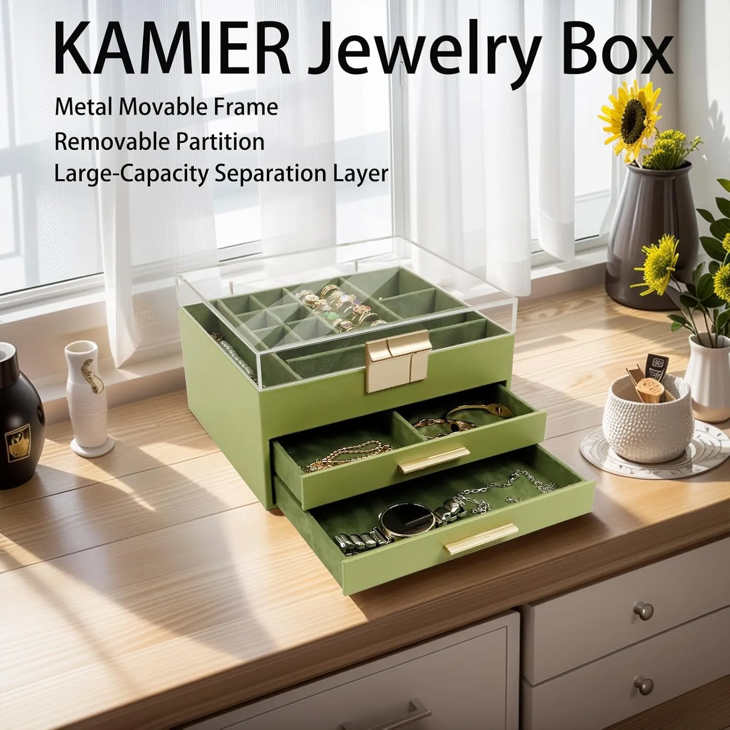 KAMIER Jewelry Box, 3-Layer Jewelry Organizer with Acrylic Lid, 2 Drawers, for Big and Small Jewelry, Jewelry Storage, Mother's Day, Gift for Women and Girls, Green
