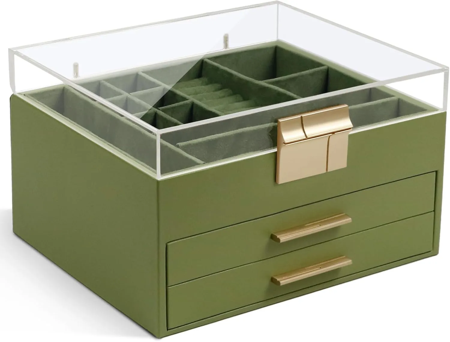 KAMIER Jewelry Box, 3-Layer Jewelry Organizer with Acrylic Lid, 2 Drawers, for Big and Small Jewelry, Jewelry Storage, Mother's Day, Gift for Women and Girls, Green