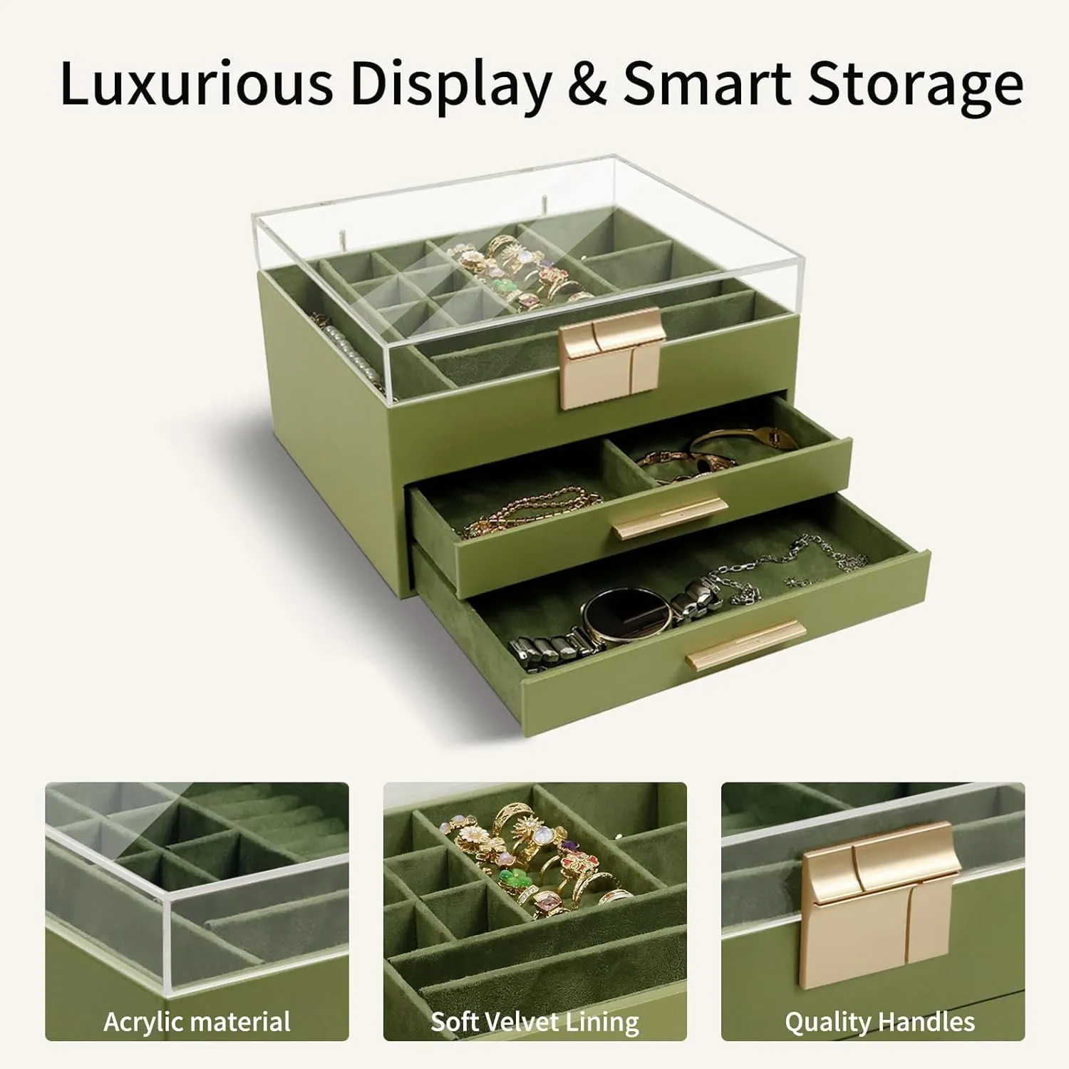 KAMIER Jewelry Box, 3-Layer Jewelry Organizer with Acrylic Lid, 2 Drawers, for Big and Small Jewelry, Jewelry Storage, Mother's Day, Gift for Women and Girls, Green