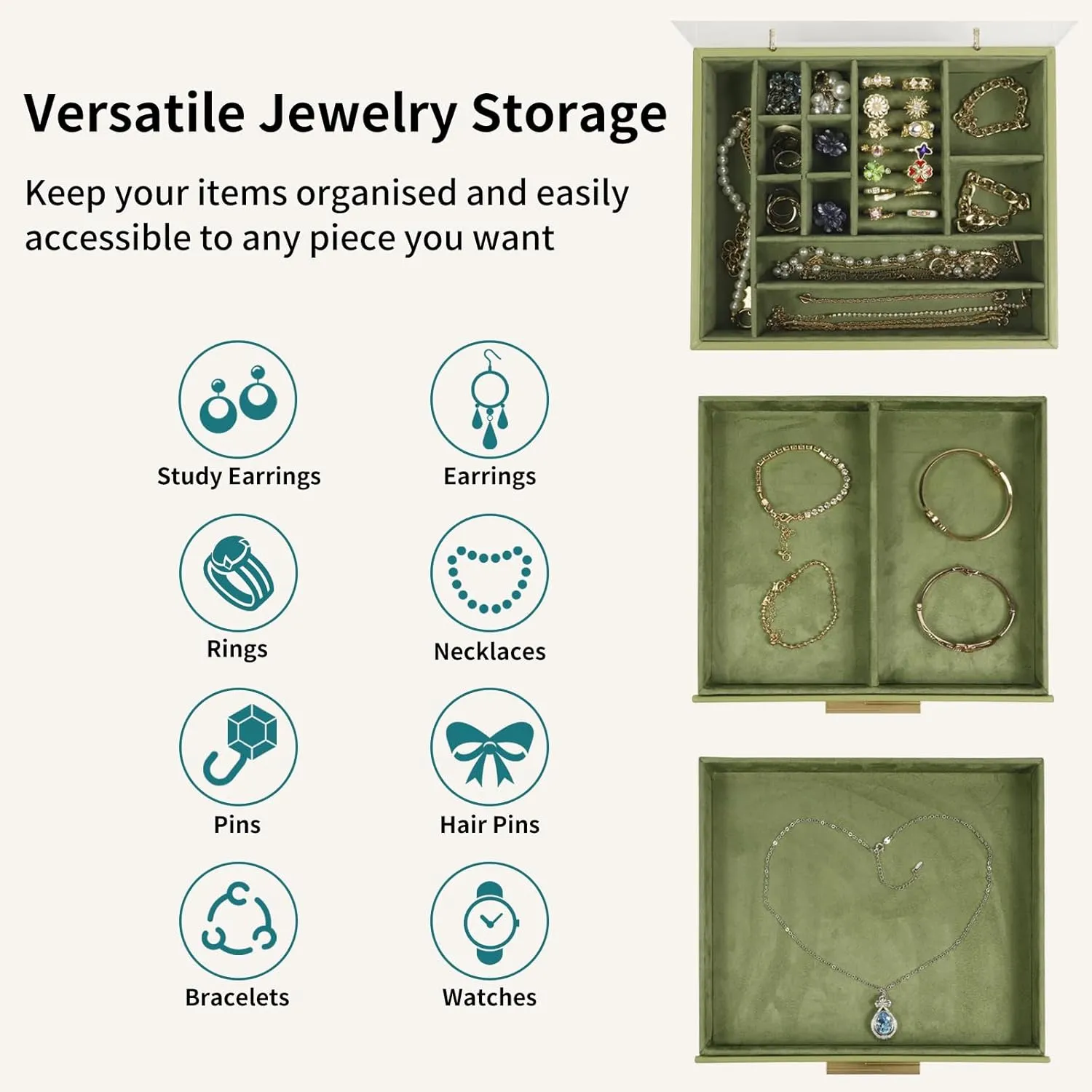KAMIER Jewelry Box, 3-Layer Jewelry Organizer with Acrylic Lid, 2 Drawers, for Big and Small Jewelry, Jewelry Storage, Mother's Day, Gift for Women and Girls, Green