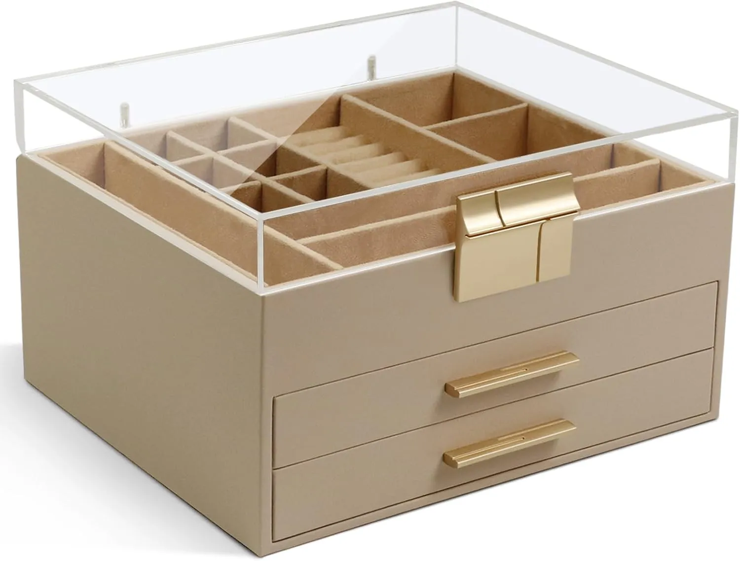 KAMIER Jewelry Box, 3 Layers Jewelry Storage Display Box with Acrylic Lid for Women, 2 Drawers, Large Capacity for Necklace Earrings Bracelets Rings,Beige