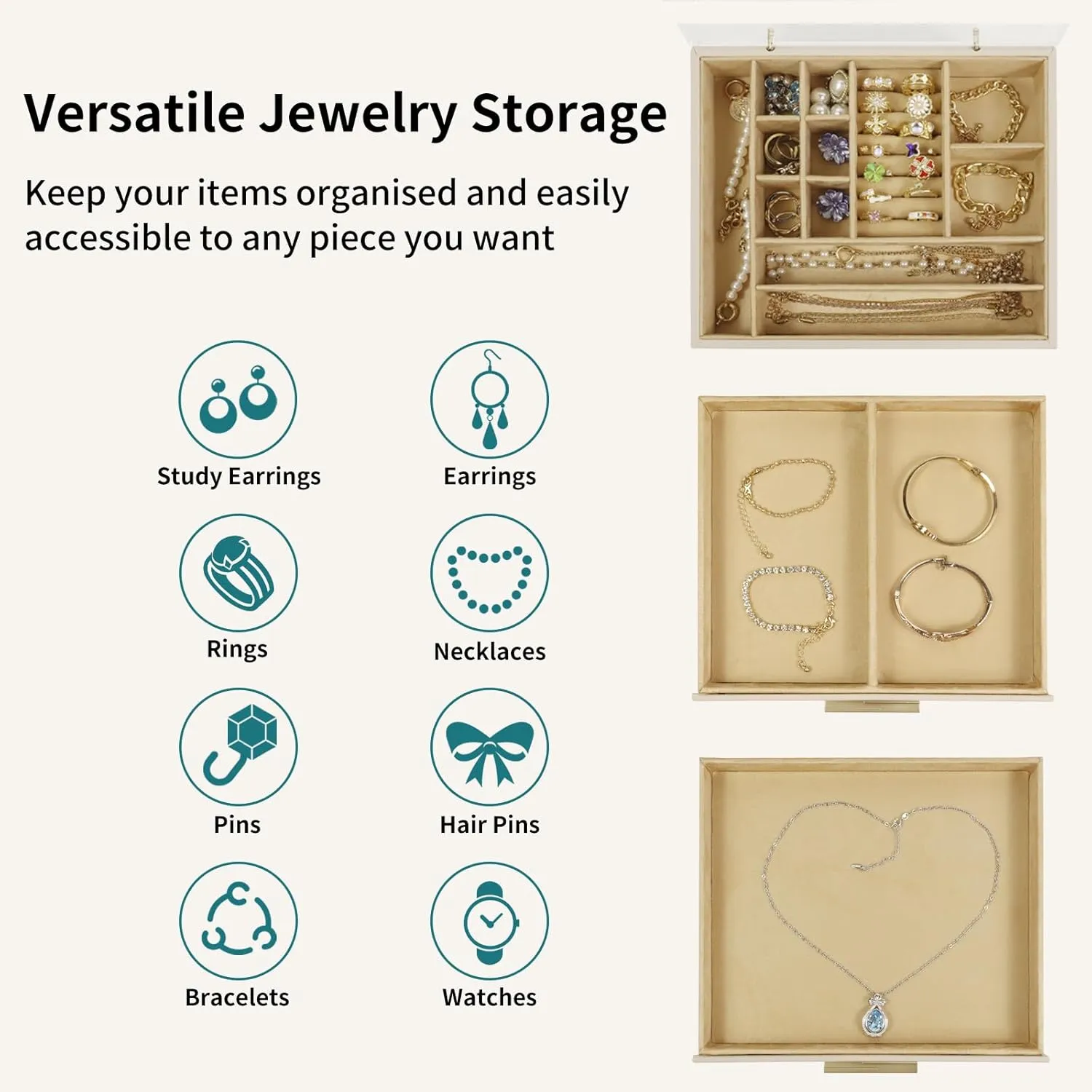 KAMIER Jewelry Box, 3 Layers Jewelry Storage Display Box with Acrylic Lid for Women, 2 Drawers, Large Capacity for Necklace Earrings Bracelets Rings,Beige
