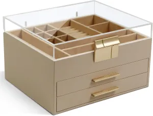 KAMIER Jewelry Box, 3 Layers Jewelry Storage Display Box with Acrylic Lid for Women, 2 Drawers, Large Capacity for Necklace Earrings Bracelets Rings,Beige
