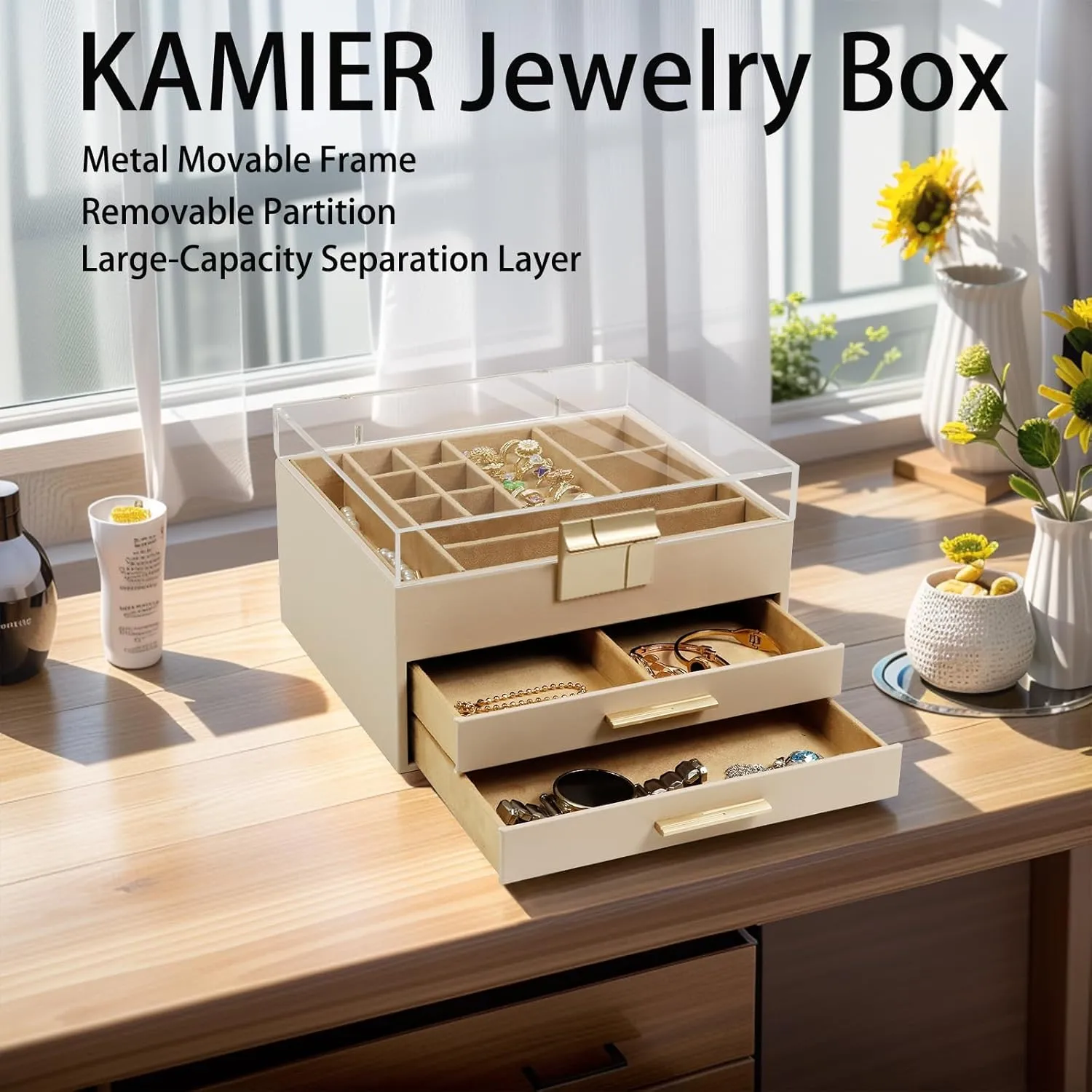 KAMIER Jewelry Box, 3 Layers Jewelry Storage Display Box with Acrylic Lid for Women, 2 Drawers, Large Capacity for Necklace Earrings Bracelets Rings,Beige