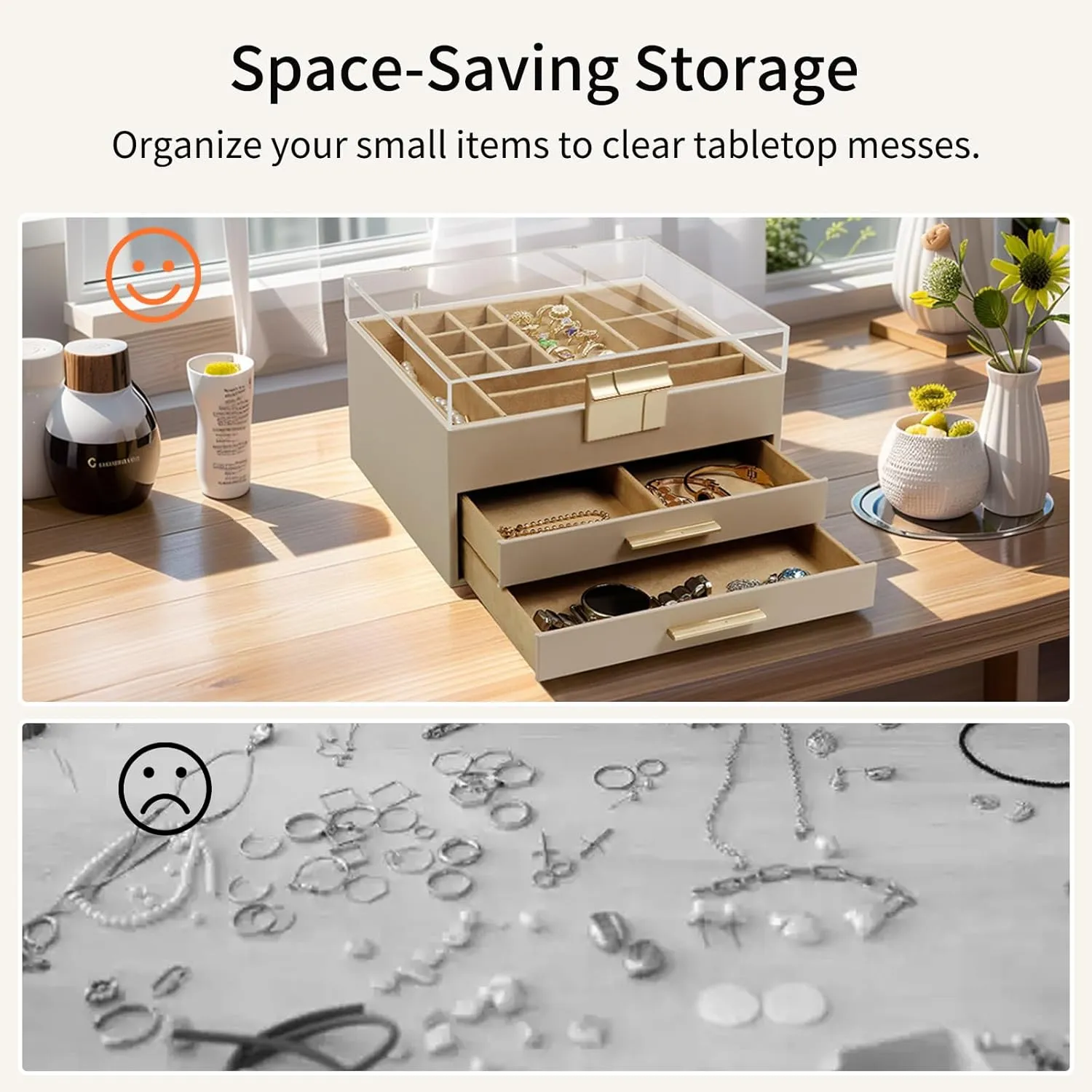 KAMIER Jewelry Box, 3 Layers Jewelry Storage Display Box with Acrylic Lid for Women, 2 Drawers, Large Capacity for Necklace Earrings Bracelets Rings,Beige