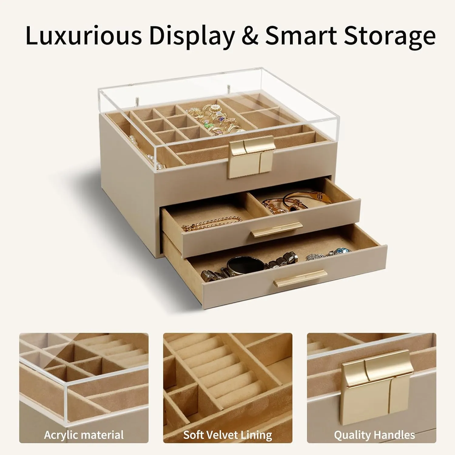 KAMIER Jewelry Box, 3 Layers Jewelry Storage Display Box with Acrylic Lid for Women, 2 Drawers, Large Capacity for Necklace Earrings Bracelets Rings,Beige