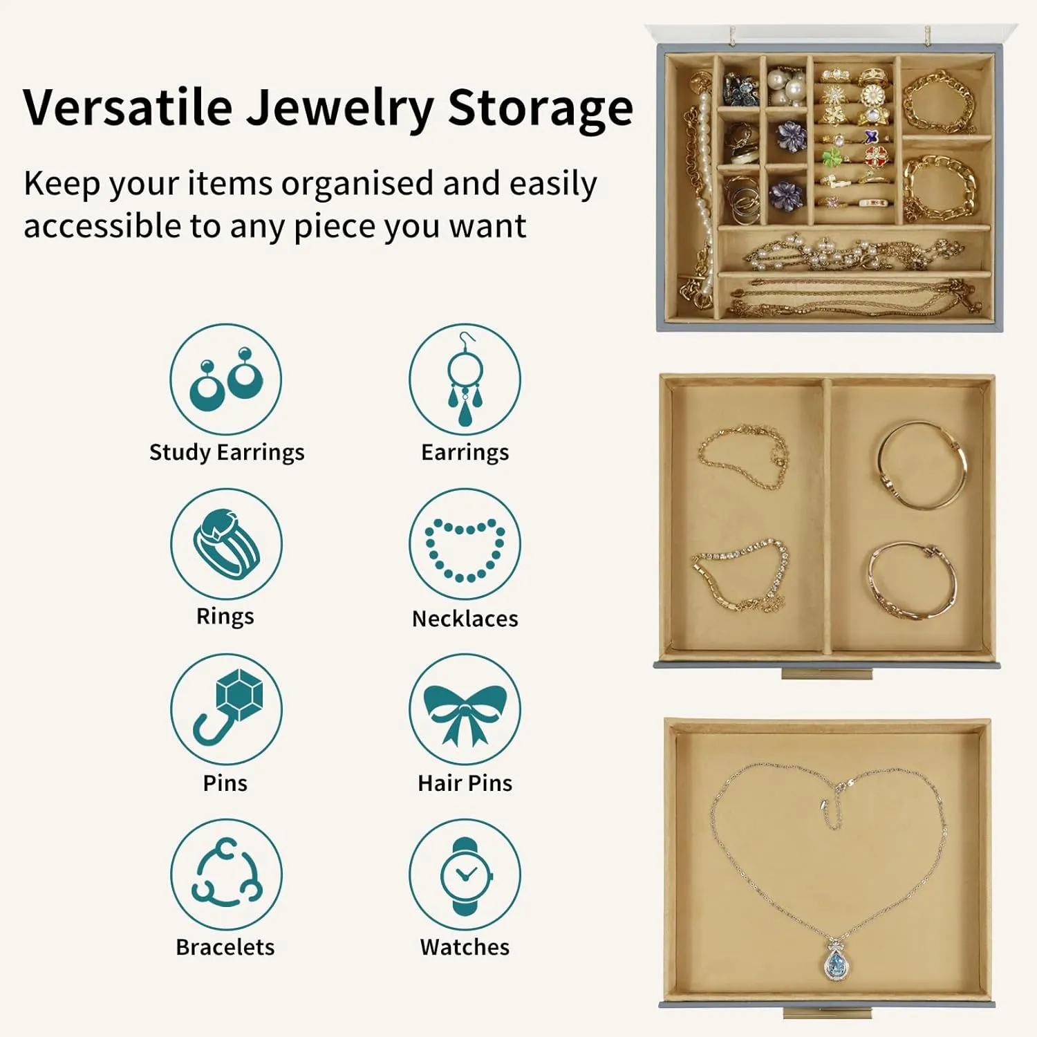 KAMIER Jewelry Box for Women, 3-Layer Jewelry Organizer with Acrylic Lid, 2 Drawers, for Big and Small Jewelry, Jewelry Storage, Birthday Gifts for Women and Girls, Bluish Grey