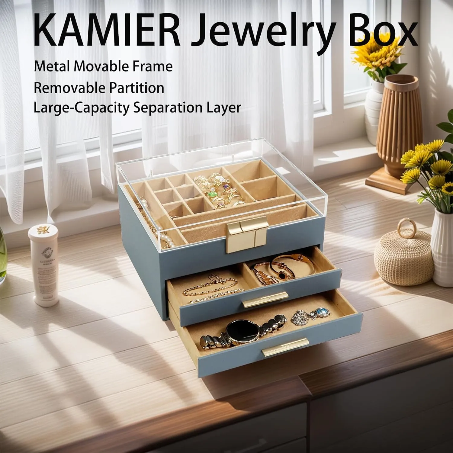 KAMIER Jewelry Box for Women, 3-Layer Jewelry Organizer with Acrylic Lid, 2 Drawers, for Big and Small Jewelry, Jewelry Storage, Birthday Gifts for Women and Girls, Bluish Grey