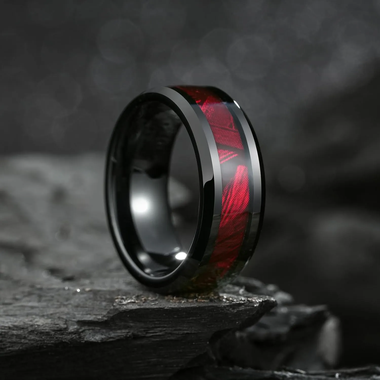 King Will Black Tungsten Wedding Band For Men, 8mm Promise Ring Inlay Red Twill Pattern, High Polished Beveled Edge - Suitable For Daily Wear, Comfort Fit Size 7-12