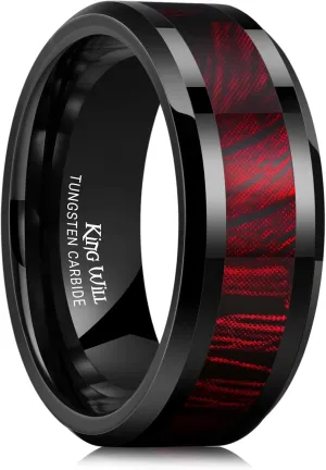 King Will Black Tungsten Wedding Band For Men, 8mm Promise Ring Inlay Red Twill Pattern, High Polished Beveled Edge - Suitable For Daily Wear, Comfort Fit Size 7-12