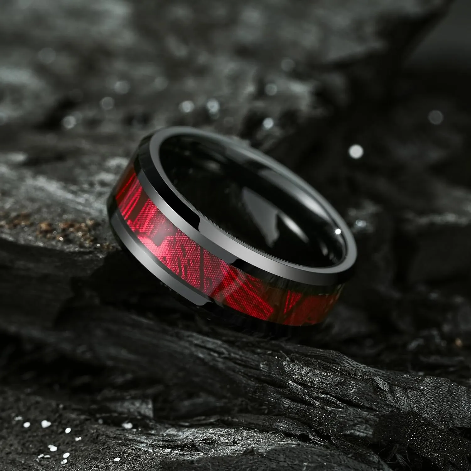 King Will Black Tungsten Wedding Band For Men, 8mm Promise Ring Inlay Red Twill Pattern, High Polished Beveled Edge - Suitable For Daily Wear, Comfort Fit Size 7-12