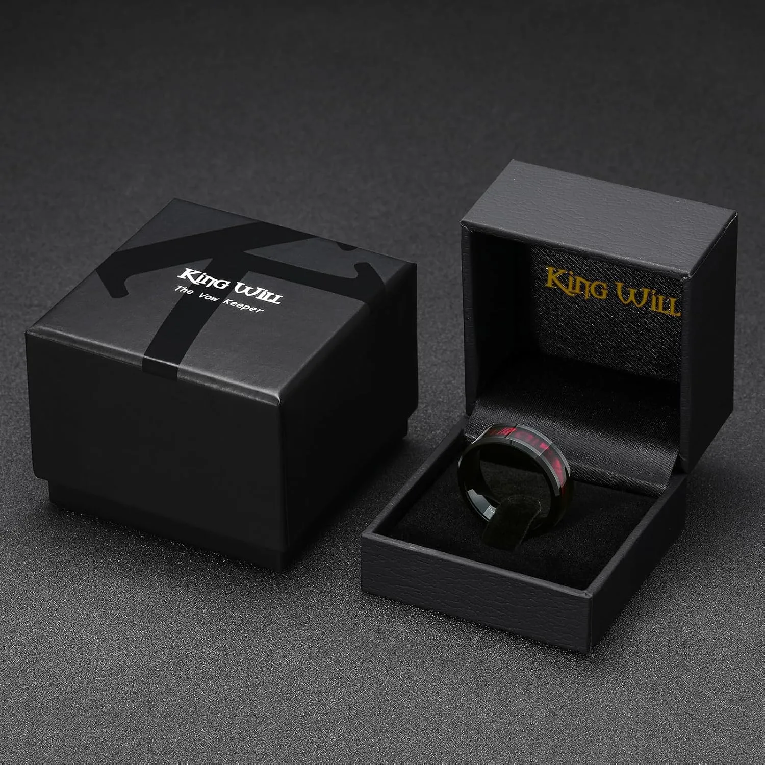 King Will Black Tungsten Wedding Band For Men, 8mm Promise Ring Inlay Red Twill Pattern, High Polished Beveled Edge - Suitable For Daily Wear, Comfort Fit Size 7-12
