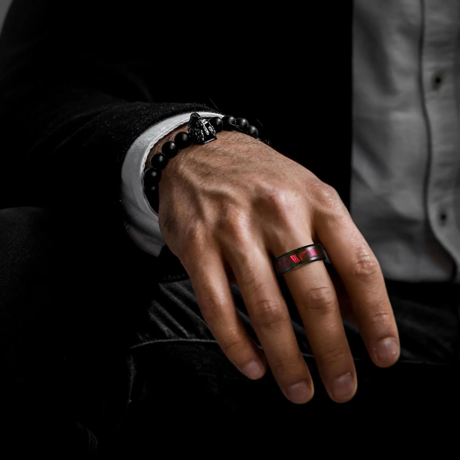King Will Black Tungsten Wedding Band For Men, 8mm Promise Ring Inlay Red Twill Pattern, High Polished Beveled Edge - Suitable For Daily Wear, Comfort Fit Size 7-12