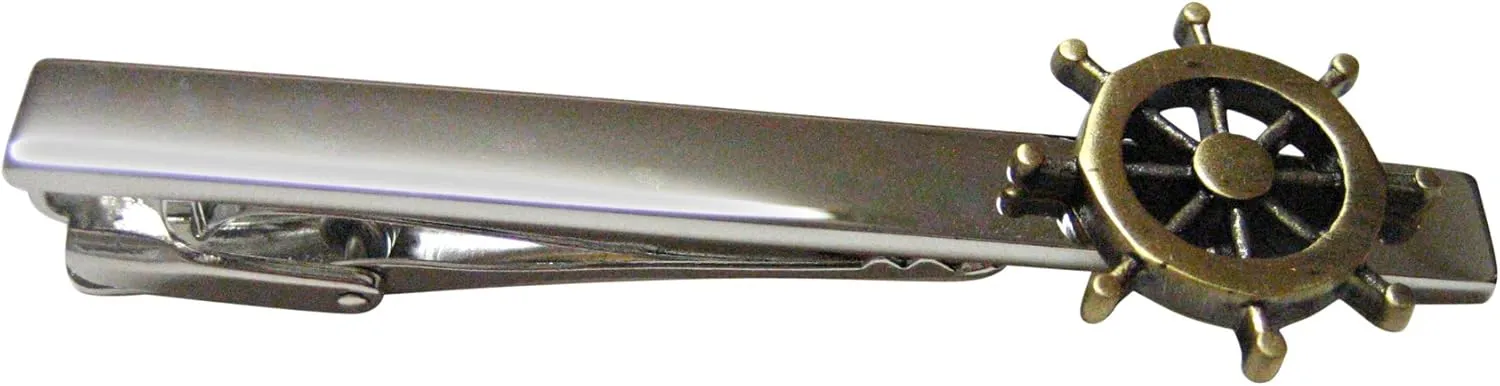 Kiola Designs Brass Toned Nautical Ship Steering Helm Square Tie Clip
