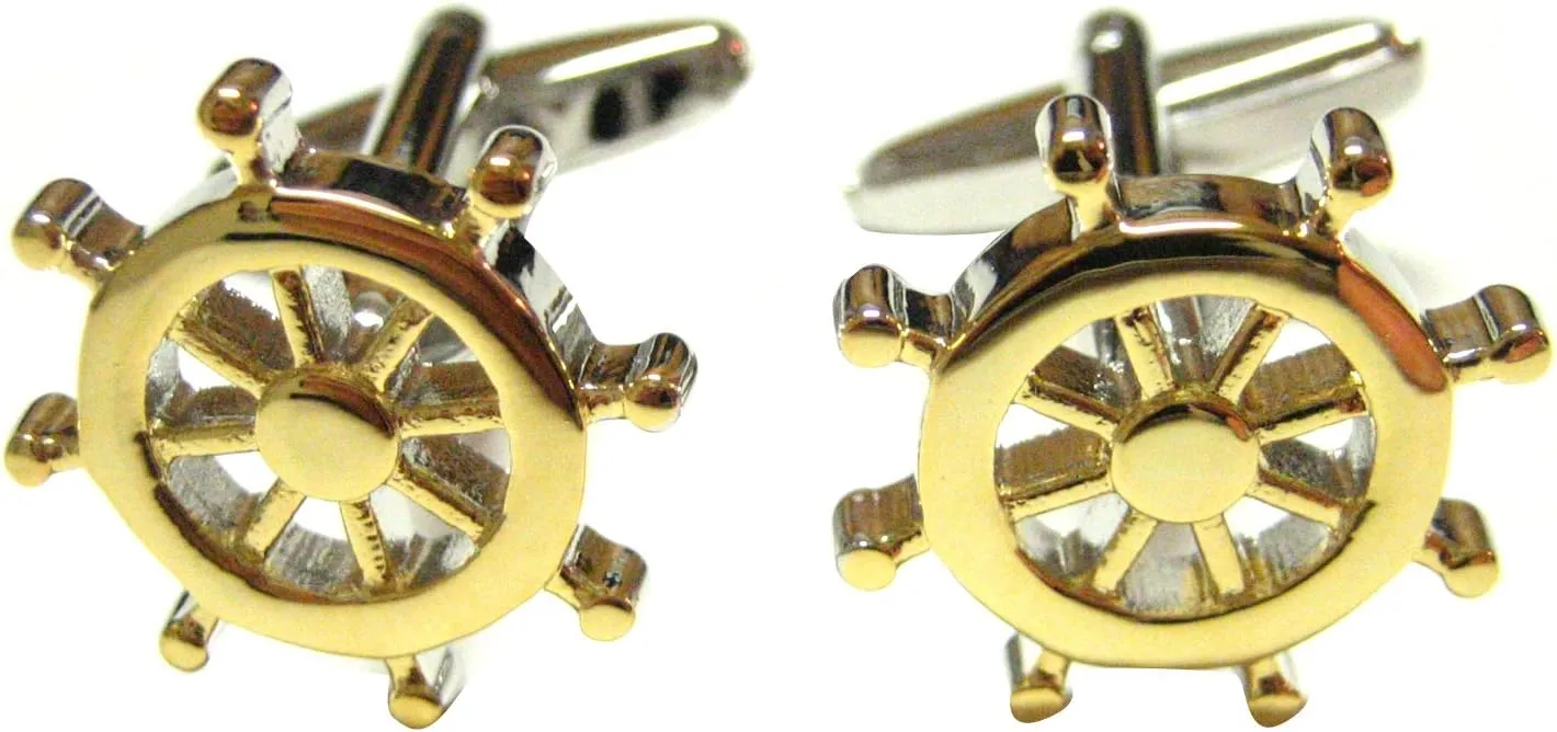 Kiola Designs Gold Toned Nautical Ship Steering Wheel Helm Cufflinks