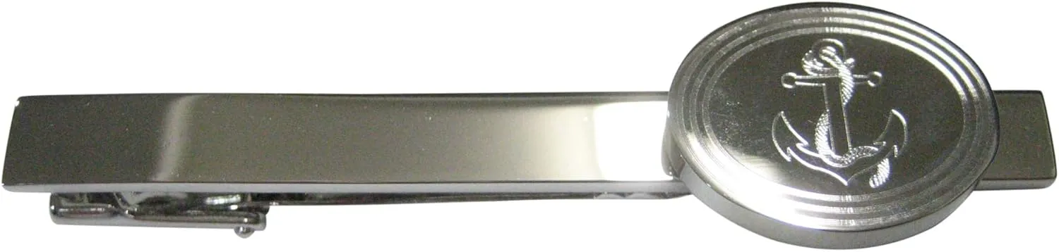 Kiola Designs Silver Toned Etched Oval Nautical Roped Anchor Tie Clip