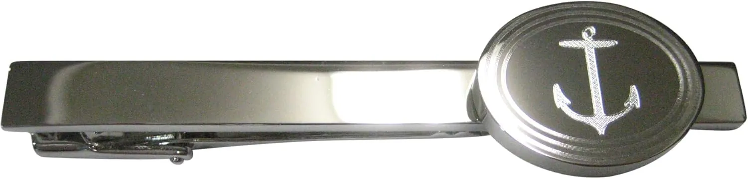 Kiola Designs Silver Toned Etched Oval Skinny Nautical Anchor Tie Clip