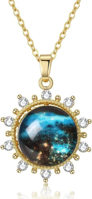 Korean Exquisite Opal Blue Planet Pendant Necklace For Women Shiny Zircon Moon Star Universe Clavicle Chain Collar Party Jewelry