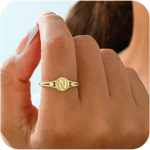 Kyerlyn Adjustable Letter Gold Rings for Women Non Tarnish Open Chunky 14K Gold Plated Stacking Cubic Zirconia Ring Trendy Statement Promise Wedding Bands Engagement for Gifts Jewelry