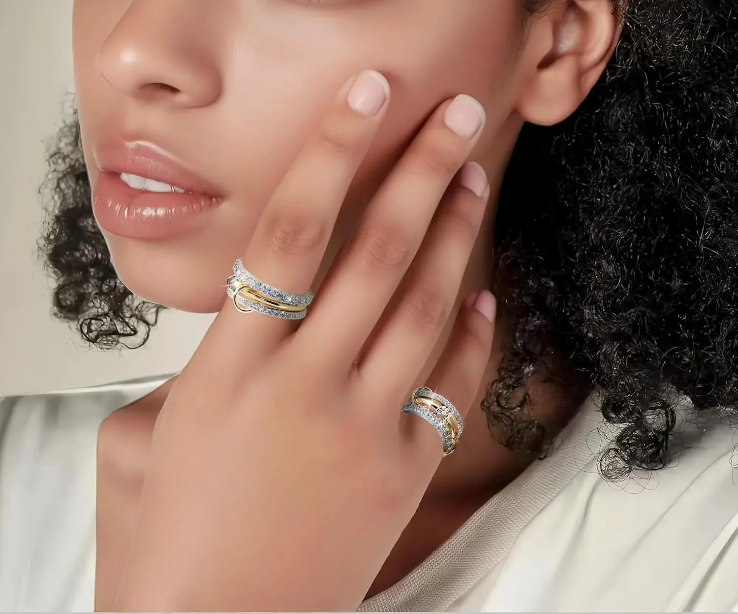 Lamdo Gold Stackable Rings for Women Non-Tarnish,Personal Elegant Dainty 18k Gold Plated CZ Cubic Zirconia Rings,Silver Gold Knuckle Multi-Link Connected Rings Set for Wedding Gift and Mother's Day