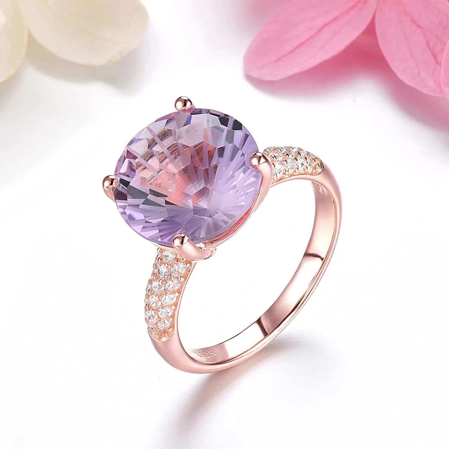 Large Rings for Women Natural Gemstone Pink Amethyst with Millennium Cutting Promise Ring Rose Gold Plated S925 Sterling Silver Elegant Style Fine Jewelry for Her