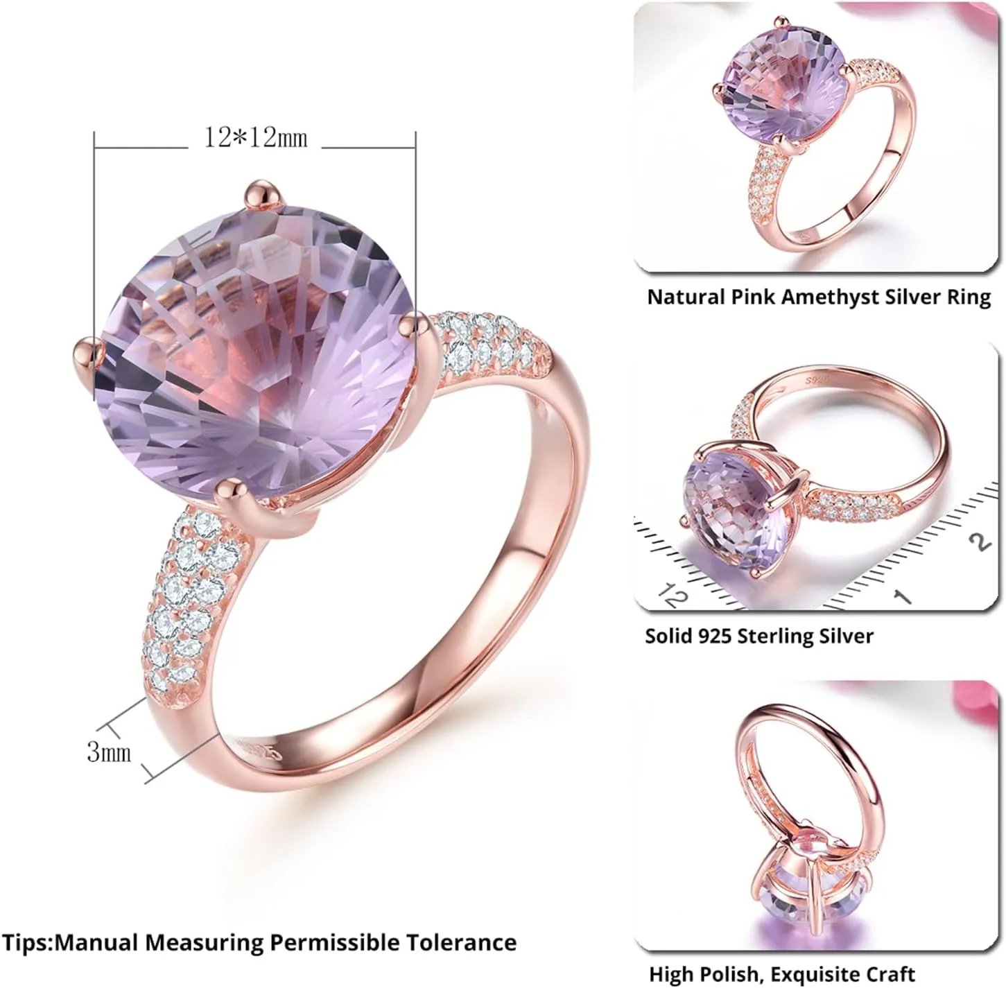 Large Rings for Women Natural Gemstone Pink Amethyst with Millennium Cutting Promise Ring Rose Gold Plated S925 Sterling Silver Elegant Style Fine Jewelry for Her