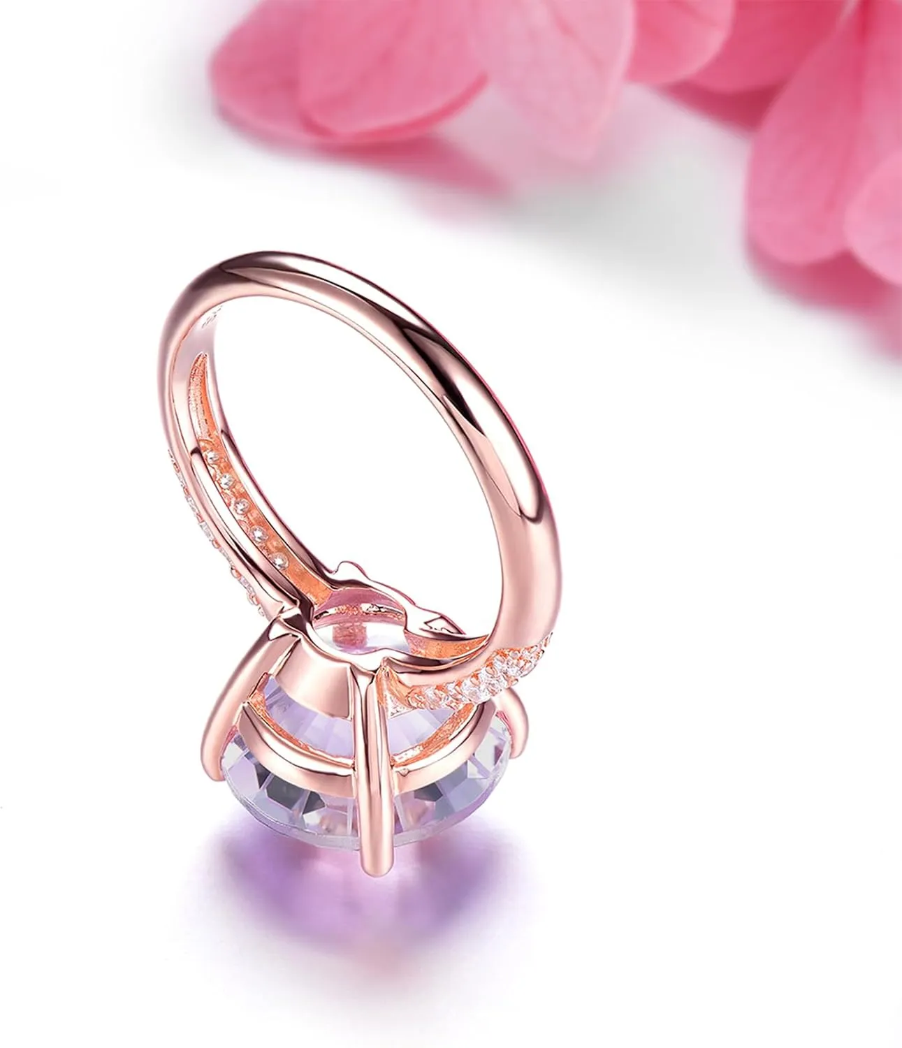 Large Rings for Women Natural Gemstone Pink Amethyst with Millennium Cutting Promise Ring Rose Gold Plated S925 Sterling Silver Elegant Style Fine Jewelry for Her