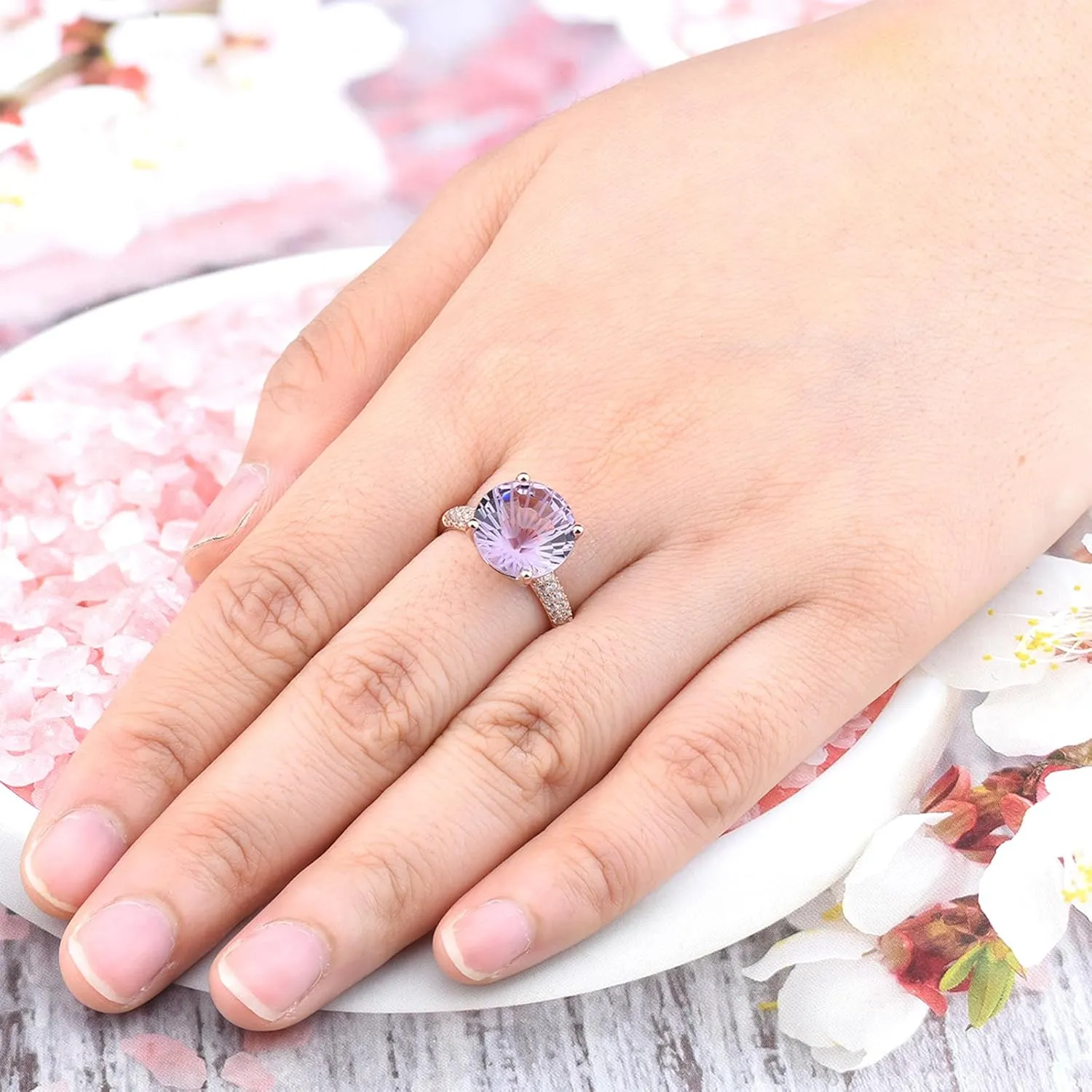 Large Rings for Women Natural Gemstone Pink Amethyst with Millennium Cutting Promise Ring Rose Gold Plated S925 Sterling Silver Elegant Style Fine Jewelry for Her