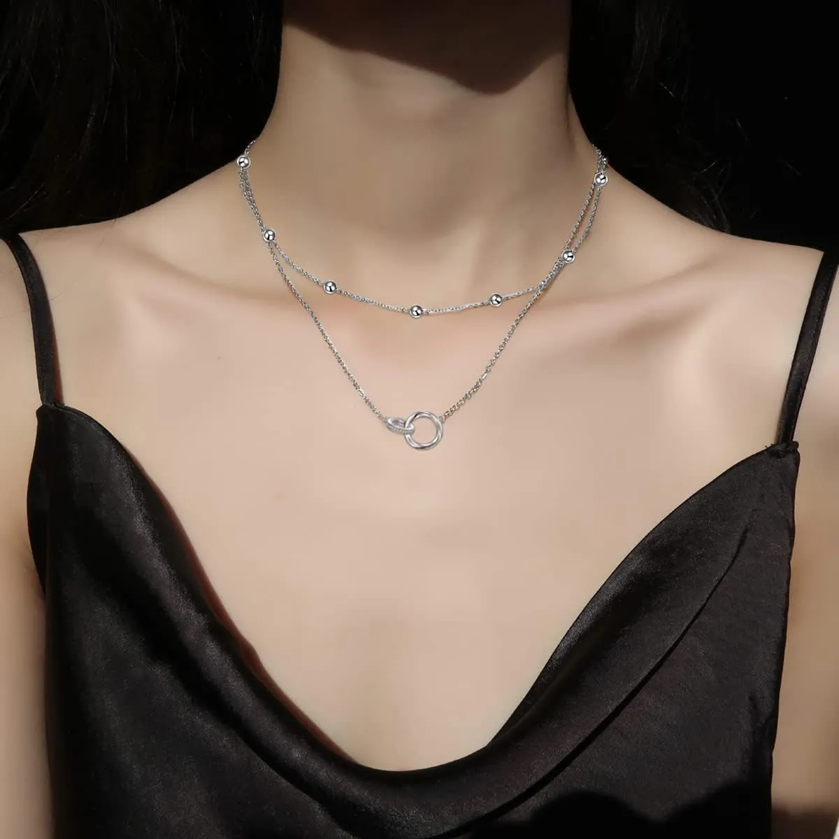 Layered Necklaces for Women S925 Sterling Silver Chokers Necklace for Women Circle/Heart/Double Circle/Cross/Star/Evil Eye Necklace Handmade Bead Necklace Adjustable