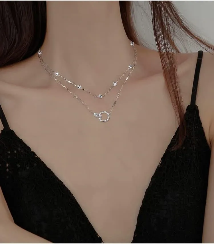 Layered Necklaces for Women S925 Sterling Silver Chokers Necklace for Women Circle/Heart/Double Circle/Cross/Star/Evil Eye Necklace Handmade Bead Necklace Adjustable