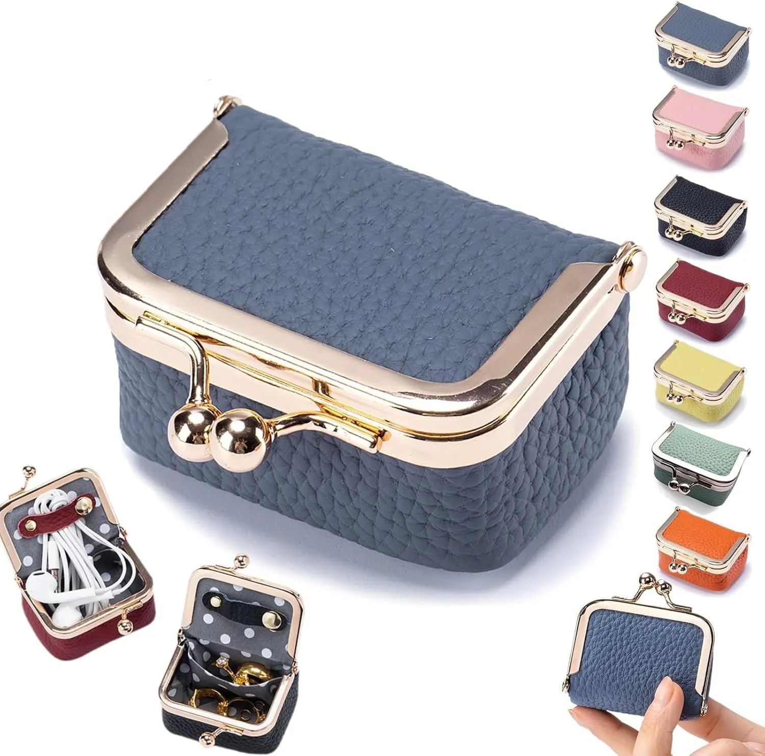 Leather Mini jewelry box, portable vintage leather coin Purse Jewelry box with kiss lock, Mini travel ring box for earrings/rings/necklaces/bracelets