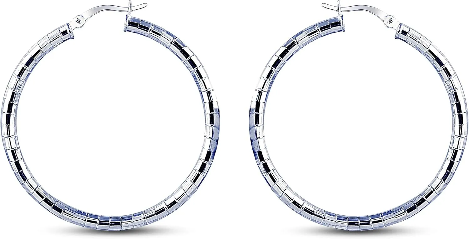 LeCalla 925 Sterling Silver Hoop Earrings for Women Diamond-Cut Classic Textured Italian Design Click-Top Hoop Earrings for Women (15mm to 70mm)