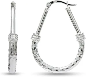 LeCalla 925 Sterling Silver Hoop Earrings | Italian Design Classic Diamond-Cut Textured Earring Hoops | Women's Drop Shape Oval Hoop Earring Jewelry for Women