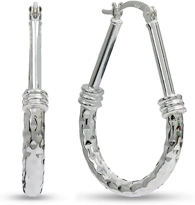 LeCalla 925 Sterling Silver Hoop Earrings | Italian Design Classic Diamond-Cut Textured Earring Hoops | Women's Drop Shape Oval Hoop Earring Jewelry for Women