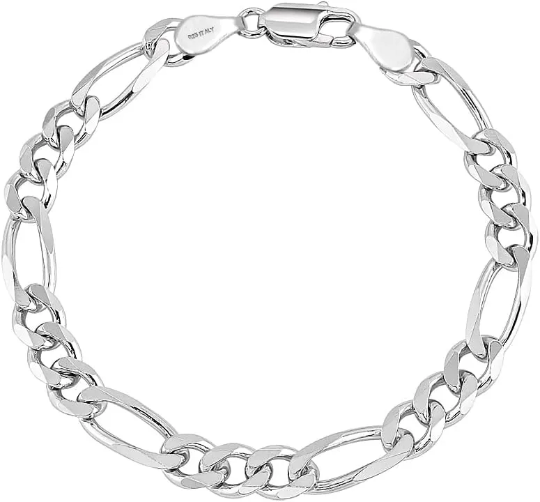 LeCalla Solid 925 Sterling Silver Figaro Link Chain Bracelet | Italian Diamond-Cut Figaro Chain Bracelet for Women Men, Made in Italy (7, 7.5, 8, 8.5, 9 Inches)