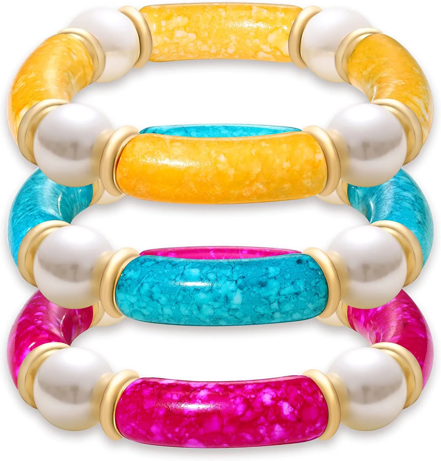 LENOOCLE Bamboo Tube Bangles Bracelet for Women Chunky Curved Stacking Bracelet Acrylic Colorful Beads Stretchable Boho Friendship Bracelets for Summer Jewelry Gifts