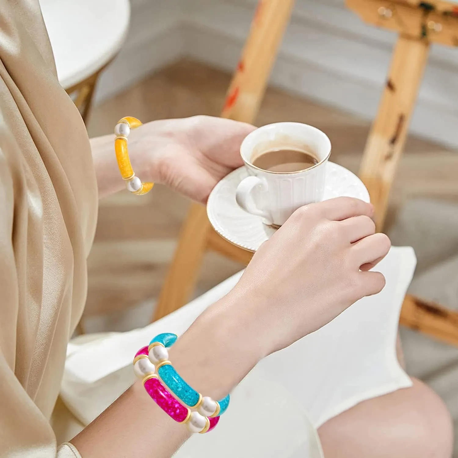 LENOOCLE Bamboo Tube Bangles Bracelet for Women Chunky Curved Stacking Bracelet Acrylic Colorful Beads Stretchable Boho Friendship Bracelets for Summer Jewelry Gifts