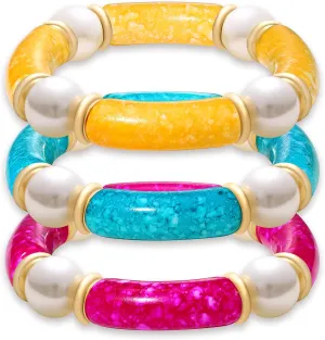 LENOOCLE Bamboo Tube Bangles Bracelet for Women Chunky Curved Stacking Bracelet Acrylic Colorful Beads Stretchable Boho Friendship Bracelets for Summer Jewelry Gifts