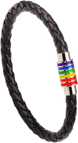 LGBT Rainbow Bracelet,Stylish Leather LGBTQ Pride Bracelets,Rainbow Striped Stainless Steel Clasp, Handmade Weave Plaited Wristband Jewelry for Him/Her