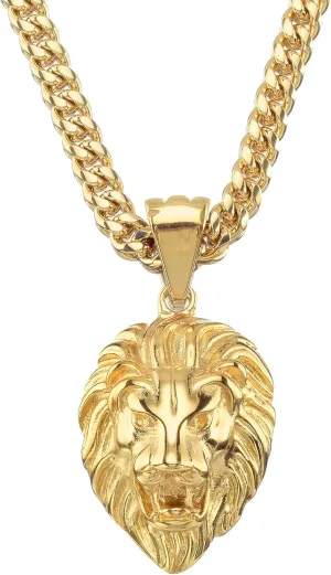 Lion Necklace 18K Gold Stainless Steel Head Pendant Necklace Mens Hip Hop Rapper With 6MM Miami Stainless Steel Cuban Link Chain 24inches