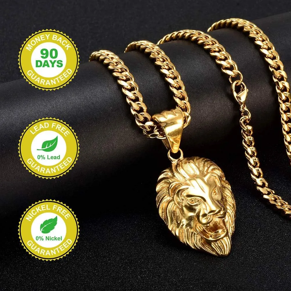 Lion Necklace 18K Gold Stainless Steel Head Pendant Necklace Mens Hip Hop Rapper With 6MM Miami Stainless Steel Cuban Link Chain 24inches