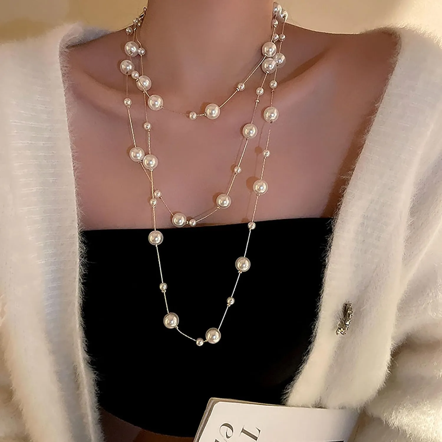 Long Pearl Necklaces for Women Pearl Long Chain Lariat Necklace Layered Boho Pearls Necklace Statement Sweater Strand Chain Jewelry