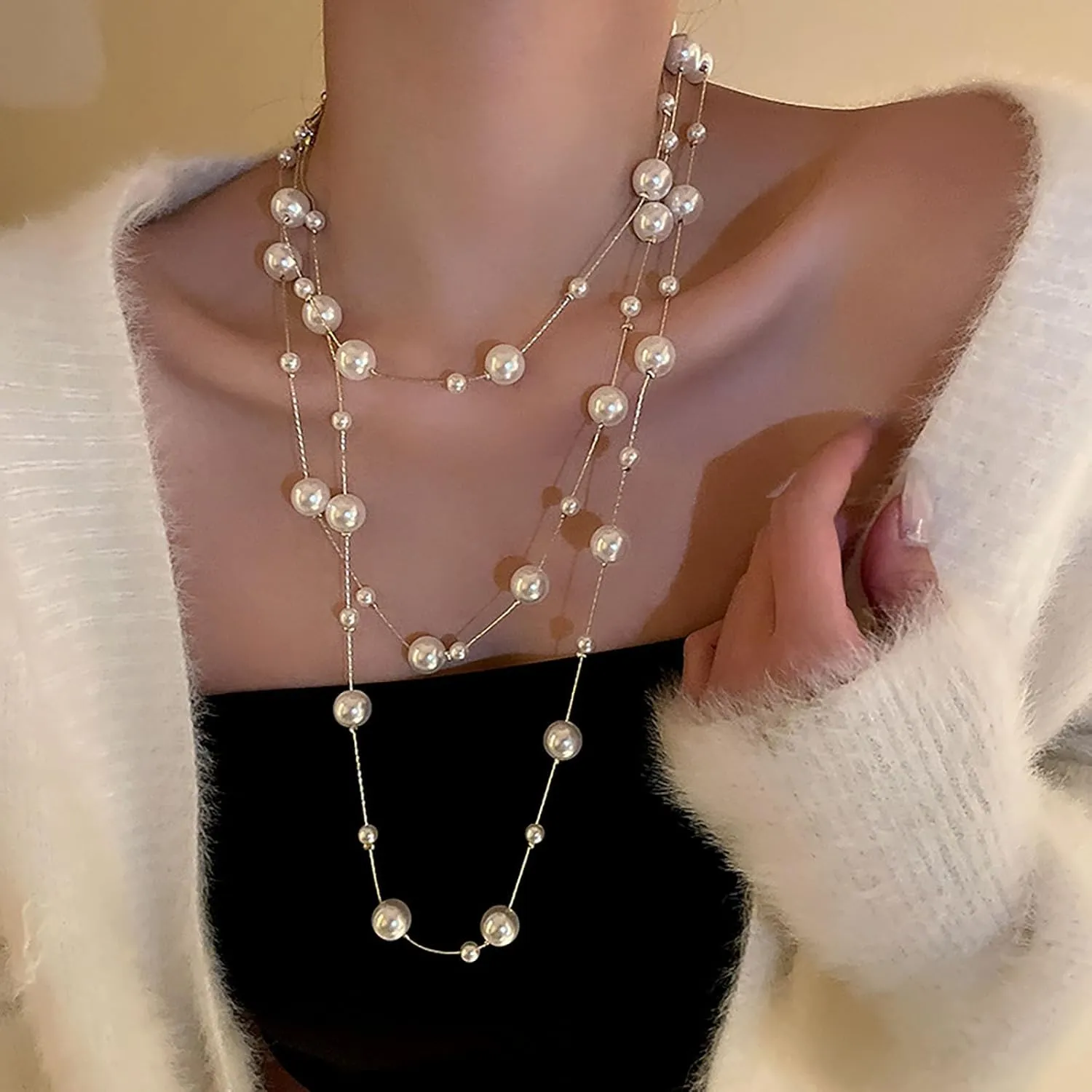 Long Pearl Necklaces for Women Pearl Long Chain Lariat Necklace Layered Boho Pearls Necklace Statement Sweater Strand Chain Jewelry