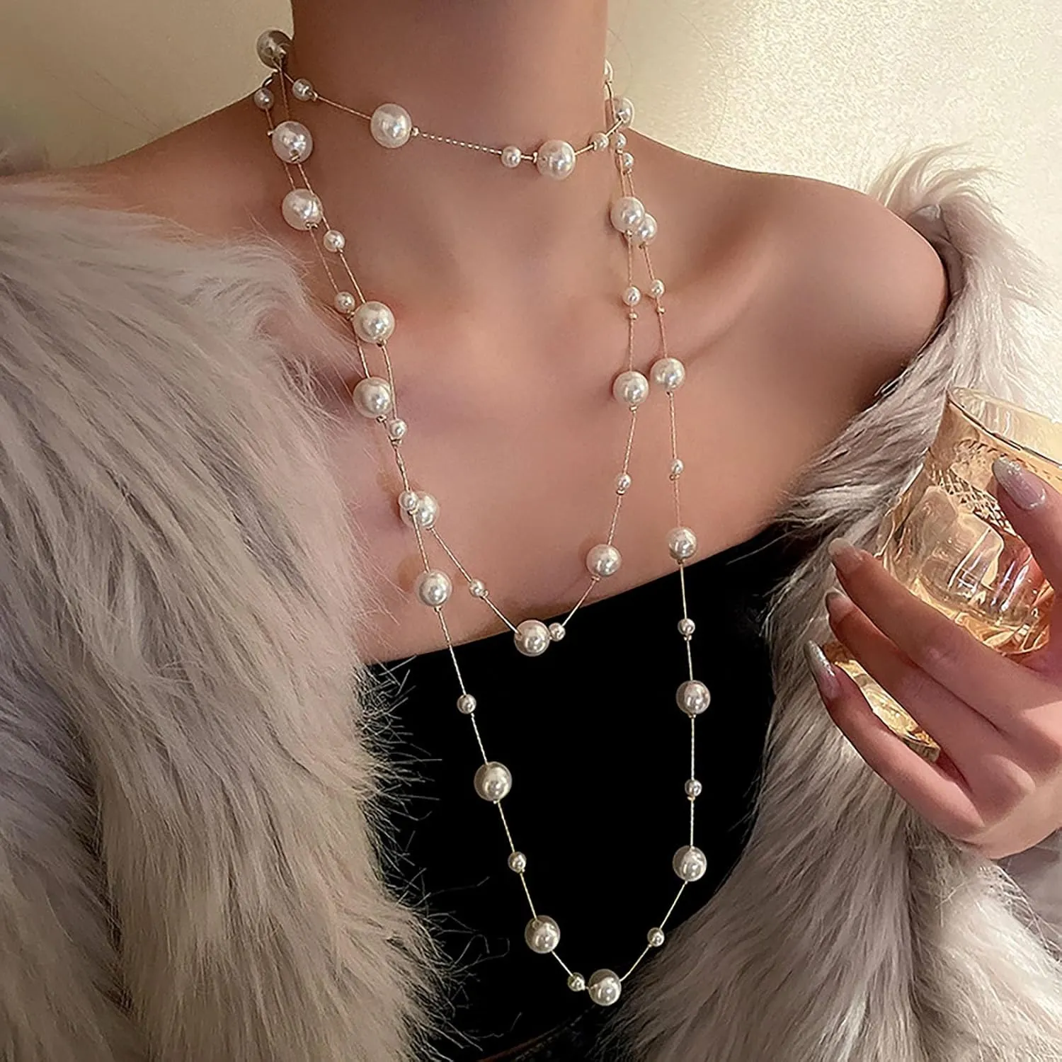 Long Pearl Necklaces for Women Pearl Long Chain Lariat Necklace Layered Boho Pearls Necklace Statement Sweater Strand Chain Jewelry