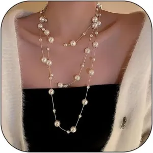 Long Pearl Necklaces for Women Pearl Long Chain Lariat Necklace Layered Boho Pearls Necklace Statement Sweater Strand Chain Jewelry