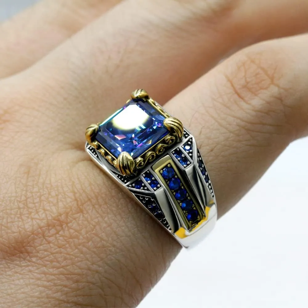 LovePlus Solid S925 Sterling Silver Square Zircon Ring Red Green, Blue Gem Turkey Handmade Elegant Style Men's/Women's Ring, Suitable for Daily Wear Gift Size 7-12