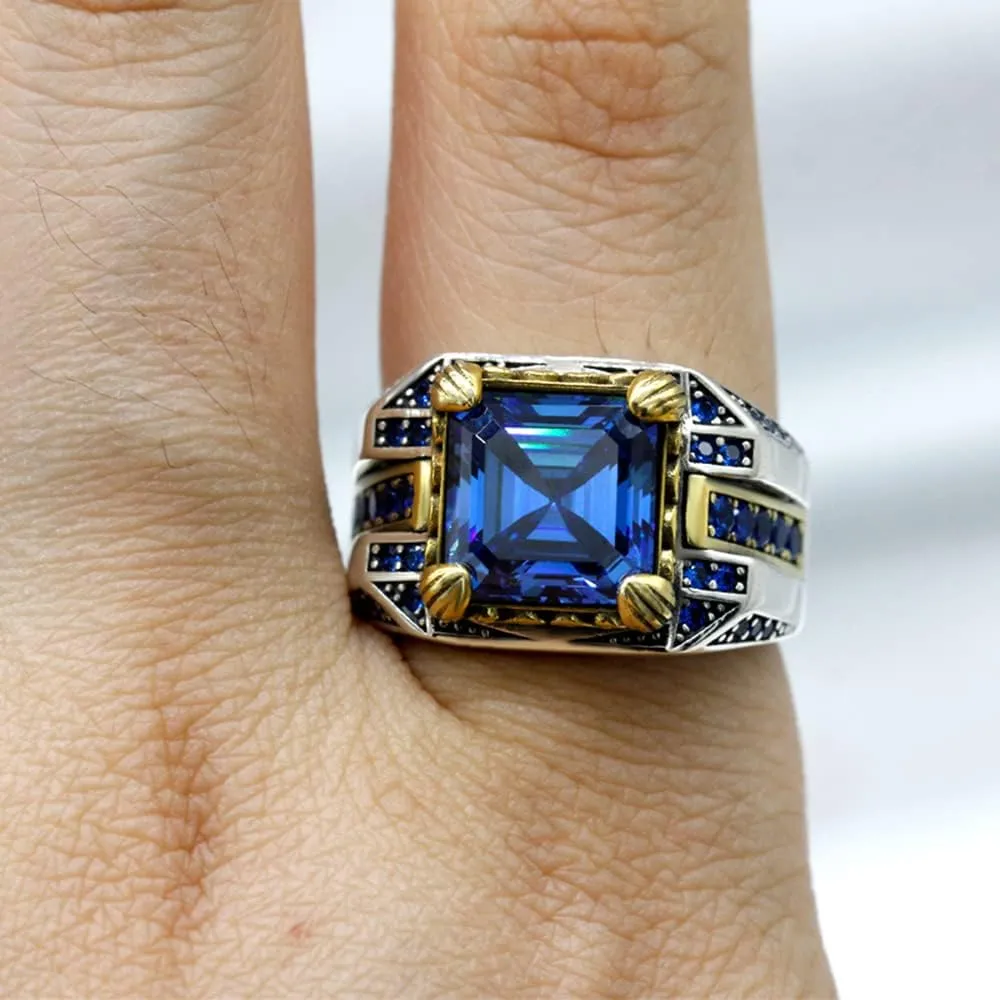 LovePlus Solid S925 Sterling Silver Square Zircon Ring Red Green, Blue Gem Turkey Handmade Elegant Style Men's/Women's Ring, Suitable for Daily Wear Gift Size 7-12