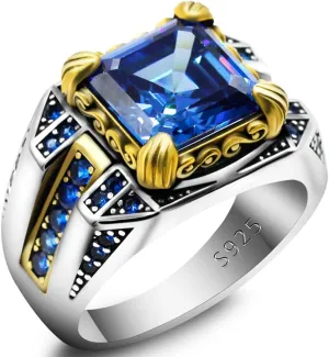LovePlus Solid S925 Sterling Silver Square Zircon Ring Red Green, Blue Gem Turkey Handmade Elegant Style Men's/Women's Ring, Suitable for Daily Wear Gift Size 7-12